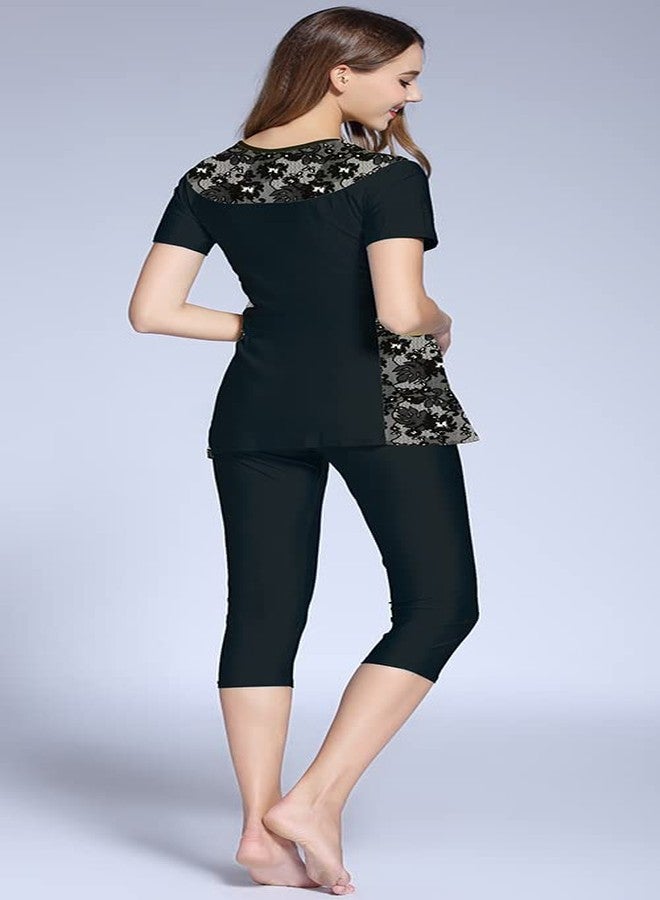 Ababalaya Womens' Color Block Moderate Cover 2 Piece Swimsuit Burkini(Tag Size M=US Size 4, Black Lace) - Image 4